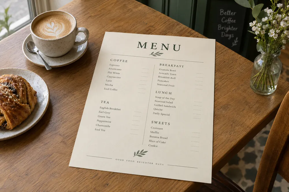 Illustrative café menu on a wooden table beside coffee